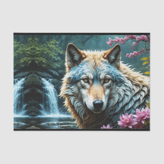 Wolf im Fluss Stehend mit Blume Seidenpapier (Vorderseite)