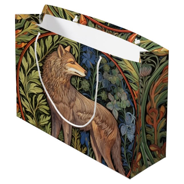 Wolf im Jugendstil des Waldes Große Geschenktüte (Rückseite Schrägansicht)