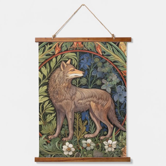 Wolf im Jugendstil des Waldes Wandteppich Mit Holzrahmen (Vorderseite)