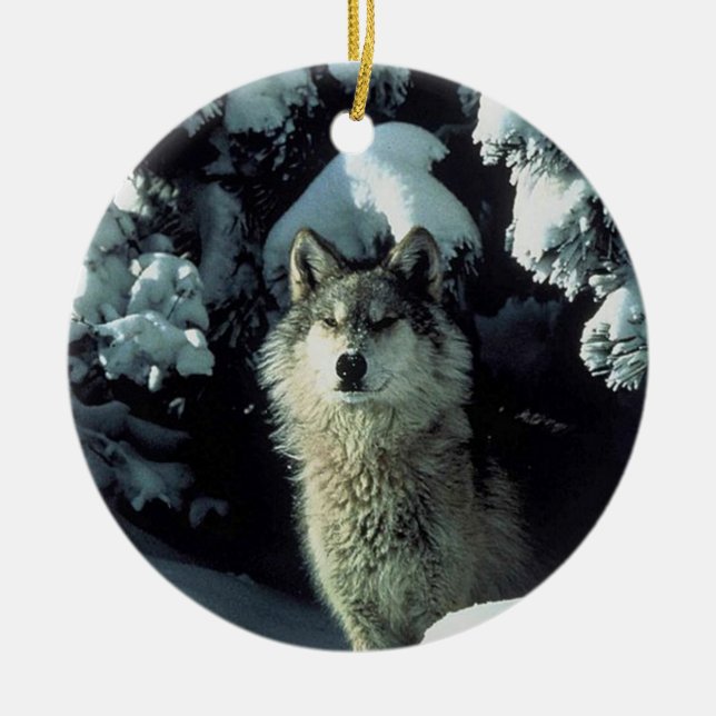 Wolf im Schnee Keramikornament (Vorne)