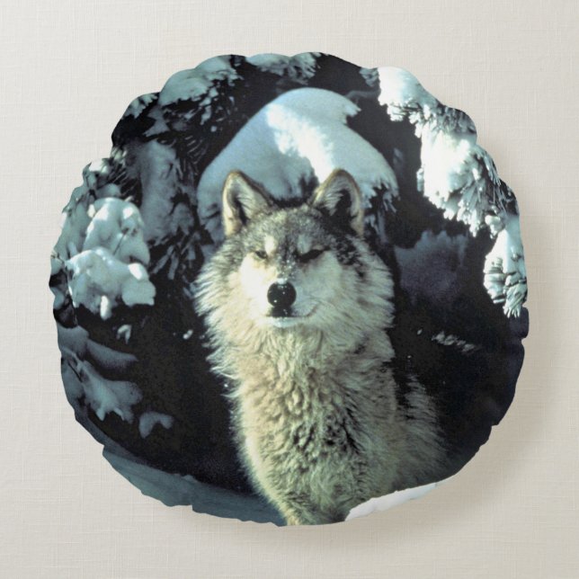 Wolf im Schnee Rundes Kissen (Vorderseite)