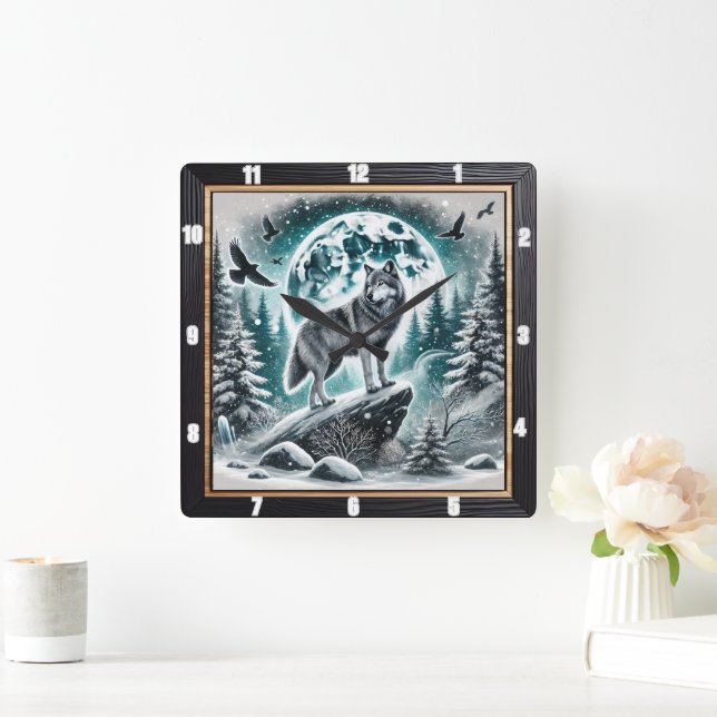 Wolf im Winterwald unter dem Moonlit Sky Quadratische Wanduhr (Zuhause)