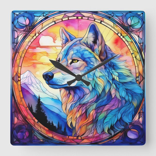 Wolf in Bleiglas Quadratische Wanduhr (Vorderseite)