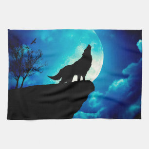 Wolf in der Silhouette heult auf Vollmond Geschirrtuch