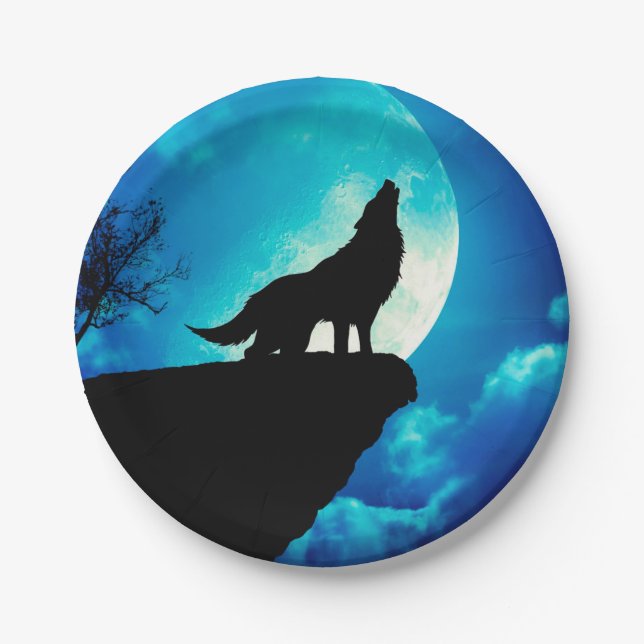 Wolf in der Silhouette heult auf Vollmond Pappteller (Vorderseite)