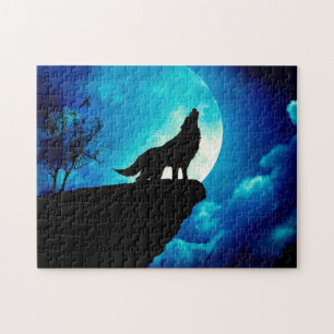 Wolf in der Silhouette heult auf Vollmond Puzzle