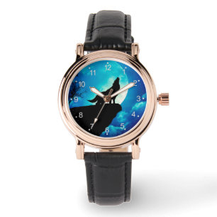 Wolf in der Silhouette heult zum Vollmond Armbanduhr
