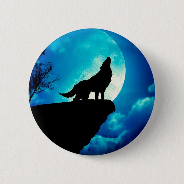 Wolf in der Silhouette heult zum Vollmond Button (Vorderseite)