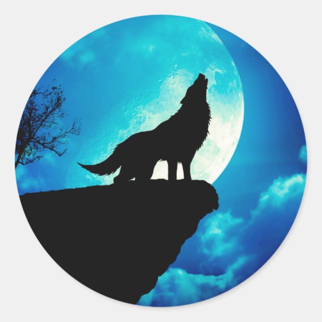 Wolf in der Silhouette heult zum Vollmond Runder Aufkleber (Vorderseite)