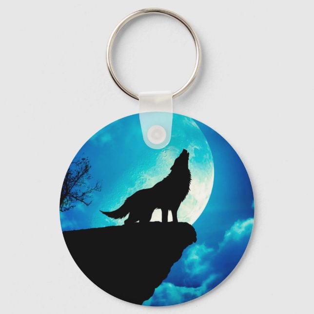 Wolf in der Silhouette heult zum Vollmond Schlüsselanhänger (Vorderseite)