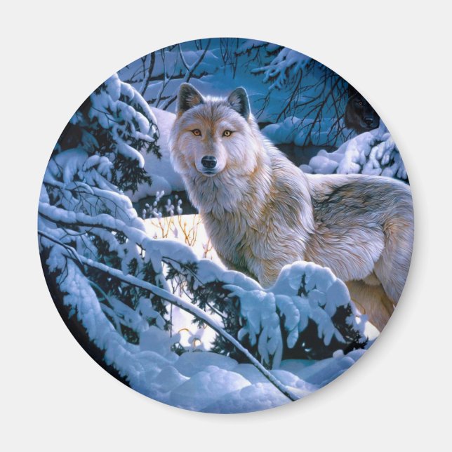 Wolf in der Winterwaldmalerei Magnet (Vorne)