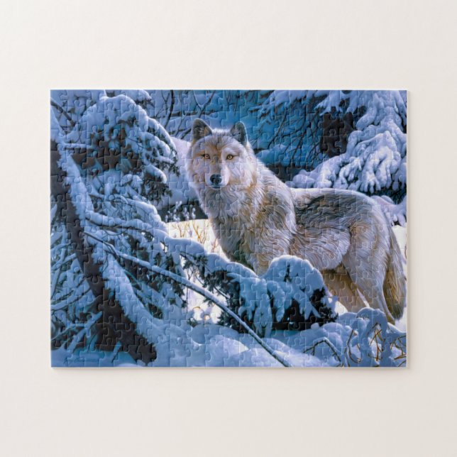 Wolf in der Winterwaldmalerei Puzzle (Horizontal)