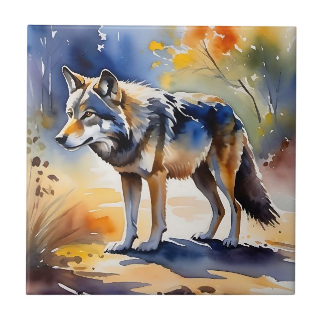 Wolf in einem Aquarellbild Fliese (Vorderseite)