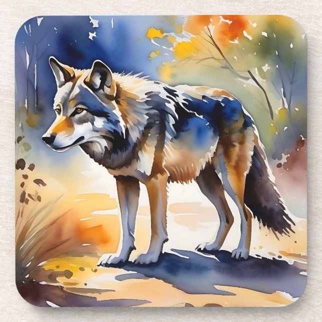 Wolf in einem Aquarellbild Getränkeuntersetzer (Vorderseite)
