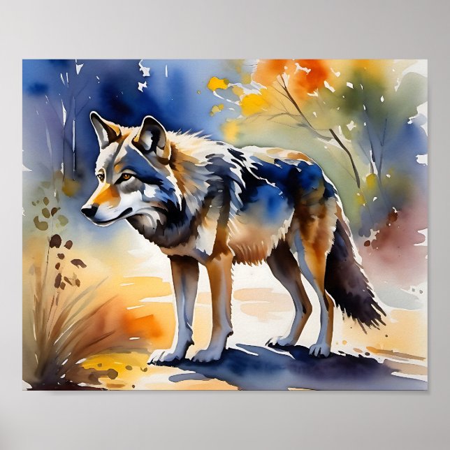 Wolf in einem Aquarellbild Poster (Vorne)