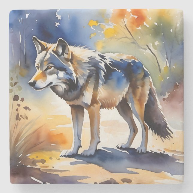 Wolf in einem Aquarellbild Steinuntersetzer (Vorderseite)