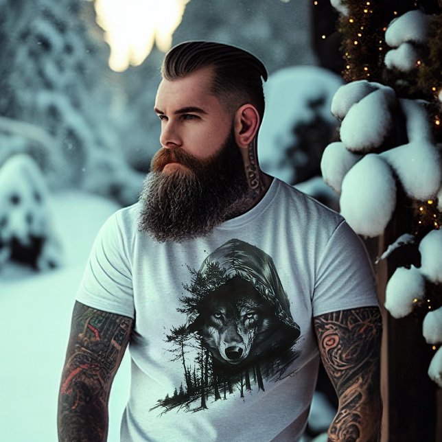 Wolf in Hoodie Double Exposure T-Shirt (Von Creator hochgeladen)