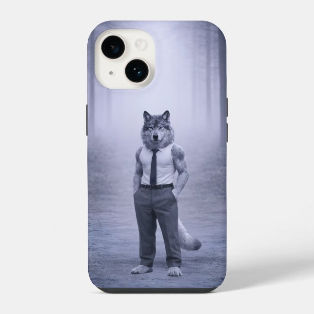 Wolf in minimaler formaler Kleidung – Stiller Wald iPhone Hülle (Rückseite)