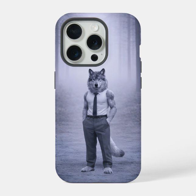 Wolf in minimaler formaler Kleidung – Stiller Wald iPhone Hülle (Rückseite)