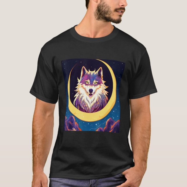 Wolf in the Crescent Moon Design T-Shirt (Vorderseite)