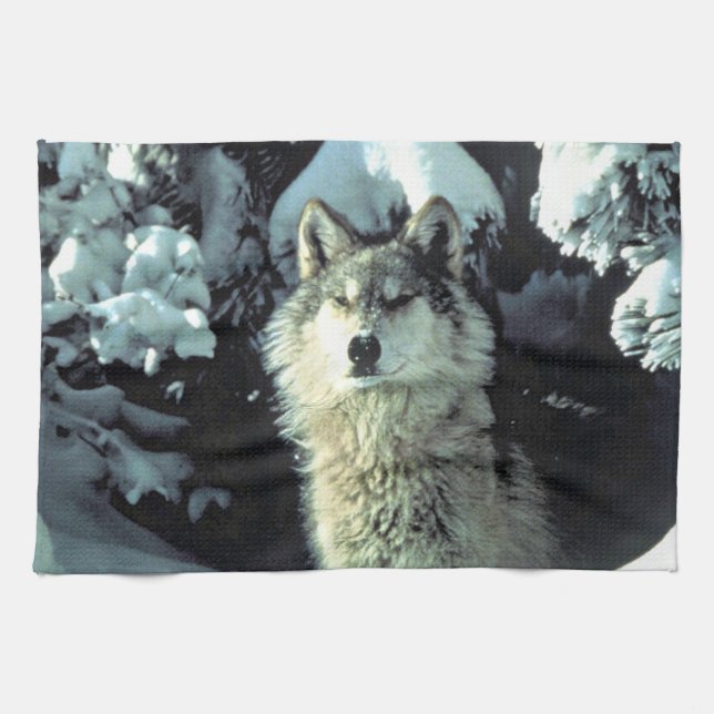 Wolf in Winter Forest Kunstwerk Geschirrtuch (Horizontal)