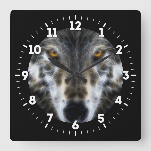 Wolf-inspirierend grafisches Porträt auf a Quadratische Wanduhr (Vorderseite)