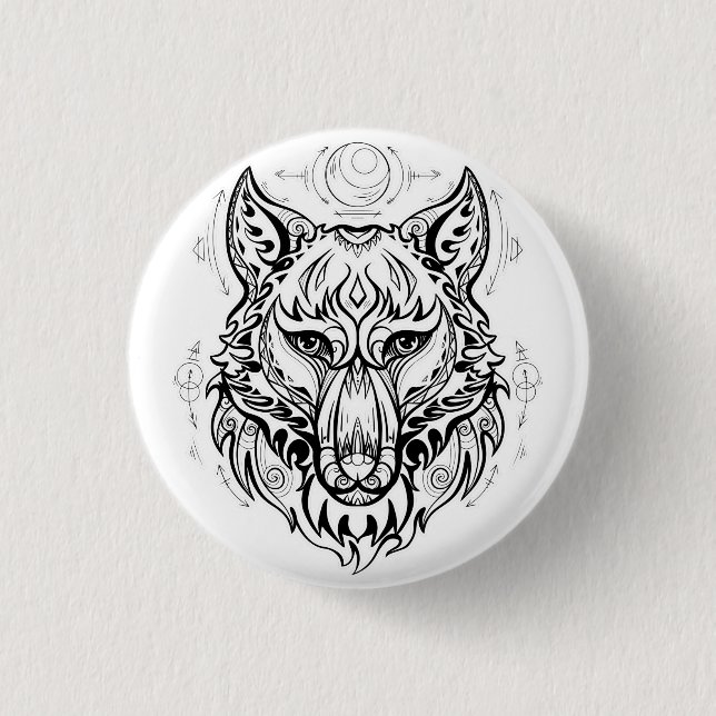 Wolf Kopf mit ethnischen Dekorationen Button (Vorderseite)