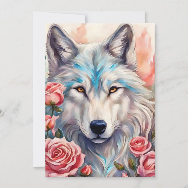 Wolf Kopf rosa Rosen Tiermalerei Feiertagskarte (Vorderseite)
