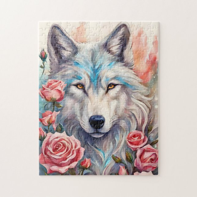Wolf Kopf rosa Rosen Tiermalerei Puzzle (Vertikal)