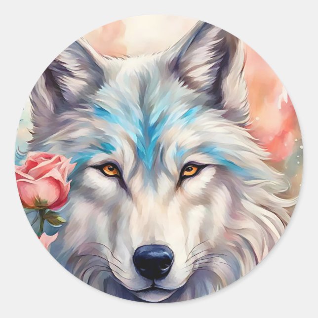 Wolf Kopf rosa Rosen Tiermalerei Runder Aufkleber (Vorderseite)