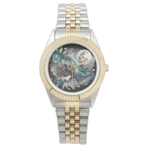 Wolf Landscape & Moon Aquamarin Gold Armbanduhr