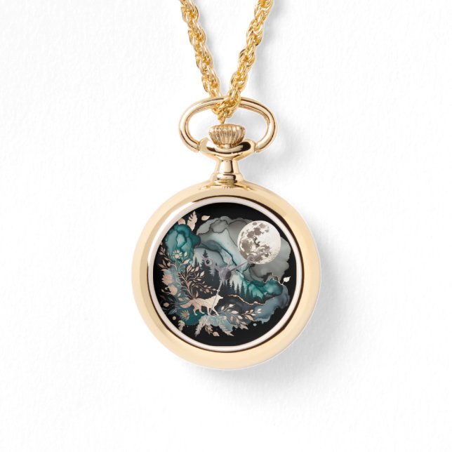 Wolf Landscape & Moon Aquamarin Gold Armbanduhr (Vorderseite)