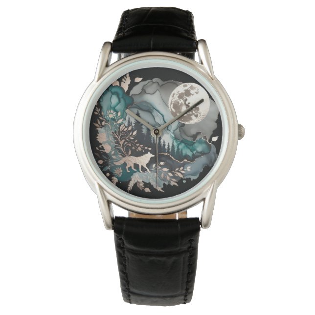 Wolf Landscape & Moon Aquamarin Gold Armbanduhr (Vorderseite)