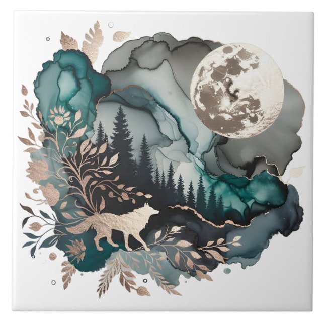 Wolf Landscape & Moon Aquamarin Gold Fliese (Vorderseite)