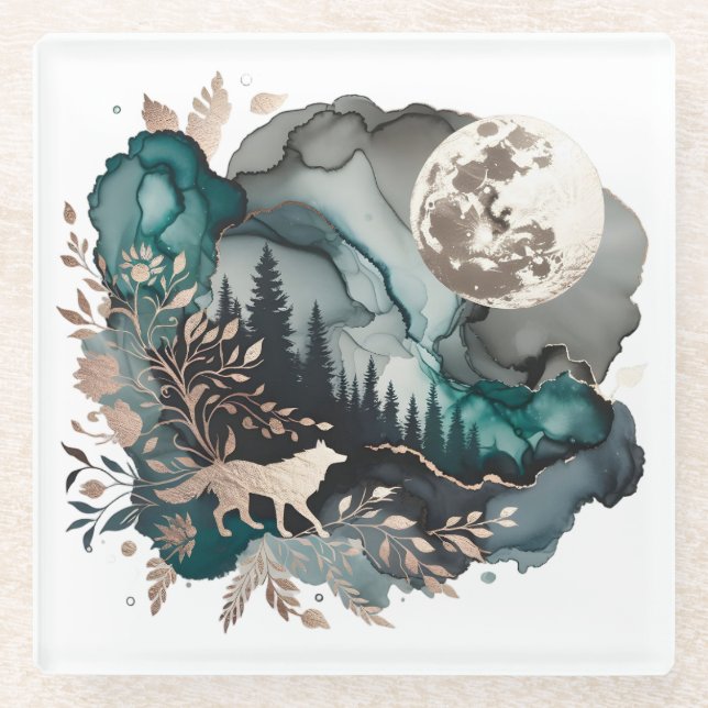 Wolf Landscape & Moon Aquamarin Gold Glasuntersetzer (Vorderseite)