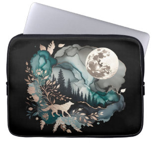 Wolf Landscape & Moon Aquamarin Gold Laptopschutzhülle