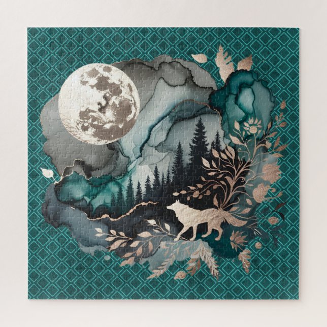 Wolf Landscape & Moon Aquamarin Gold Puzzle (Vertikal)
