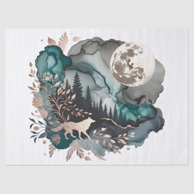 Wolf Landscape & Moon Aquamarin Gold Seidenpapier (Vorderseite)