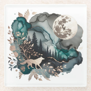 Wolf-Landschaft & Mond Teal Gold Glasuntersetzer