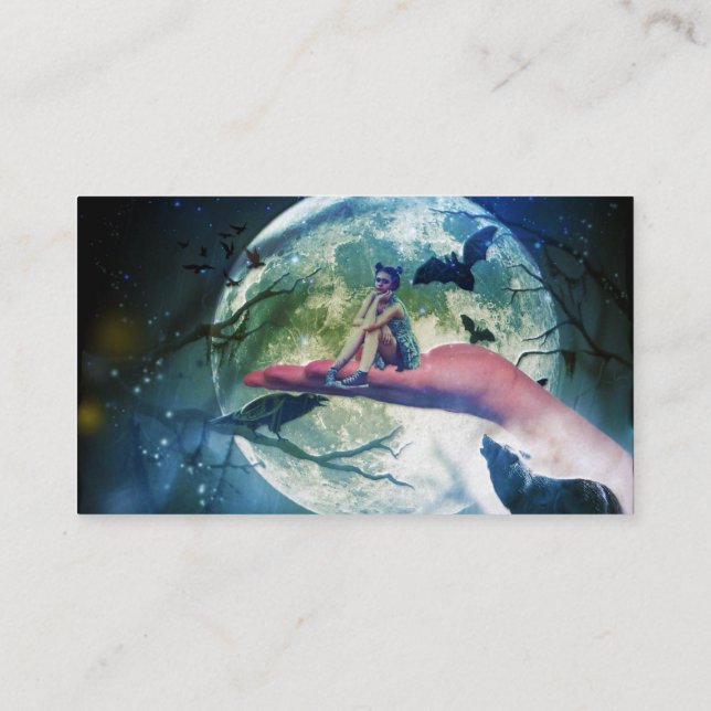Wolf-Mädchen-Raben-Schläger-Mond Visitenkarte (Rückseite)