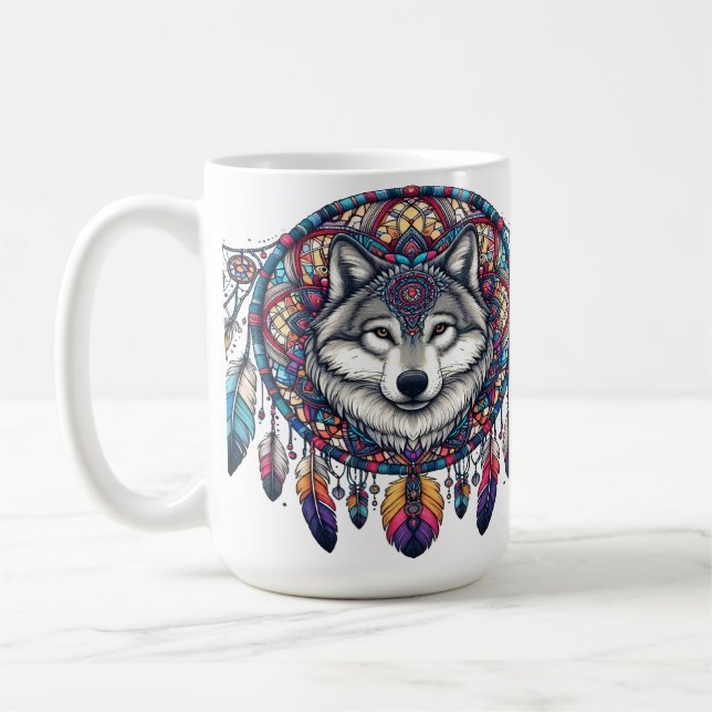 Wolf Mandala Design mit Dreamcatcher und Feathers Kaffeetasse (Links)