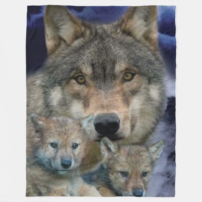 WOLF mit 2 CUBS Fleecedecke (Vorderseite)