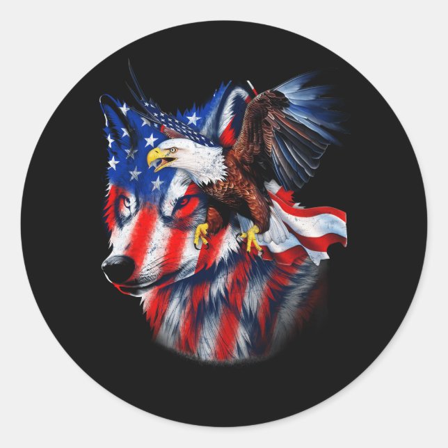 Wolf mit Bald Eagle American Flag Independence Da Runder Aufkleber (Vorderseite)