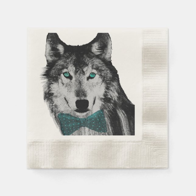 Wolf mit Blauen Augen und einer Krawatte mit Bow Serviette (Vorderseite)