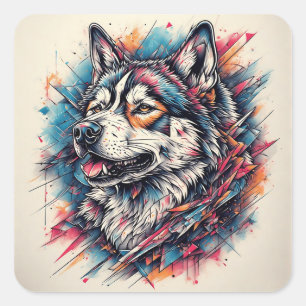 Wolf mit geometrischen Elementen und lebendigen Fa Quadratischer Aufkleber