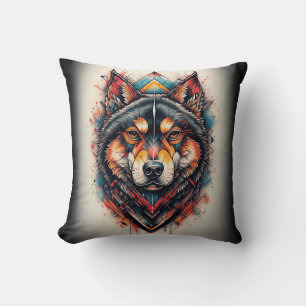 Wolf mit geometrischen Elementen und lebhaften Far Kissen