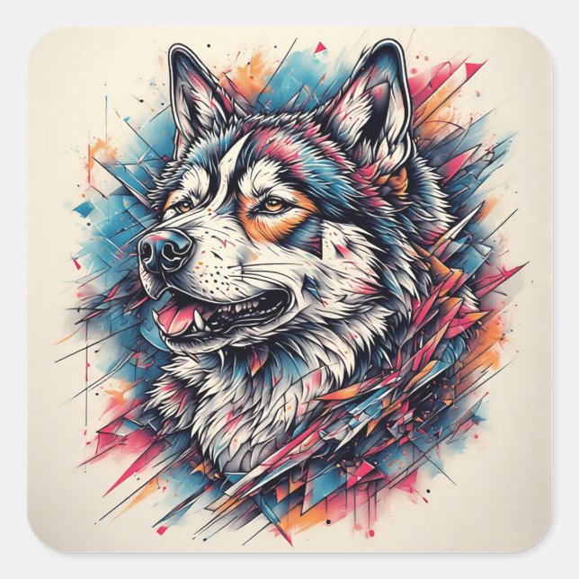Wolf mit geometrischen Elementen und lebhaften Far Quadratischer Aufkleber (Vorderseite)