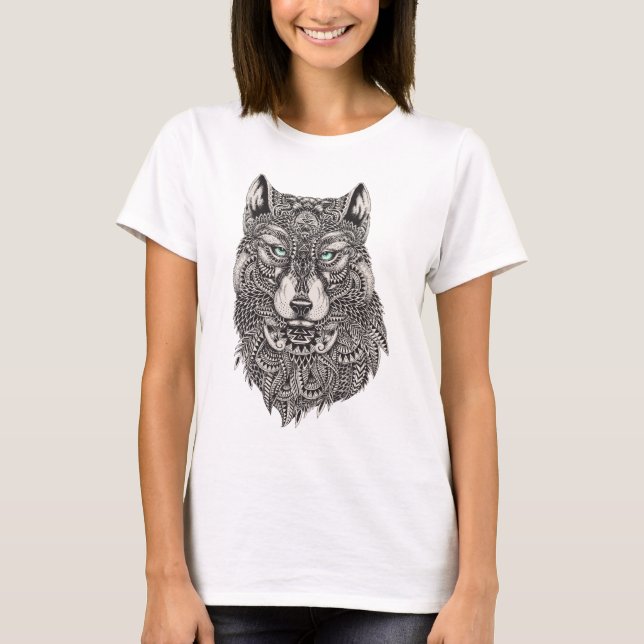 Wolf mit grünen Augen detaillierte Illustration T-Shirt (Vorderseite)