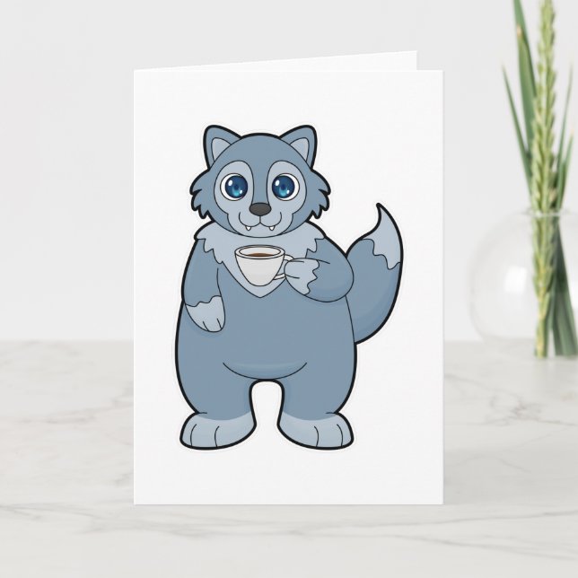 Wolf mit Kaffee-Cup Karte (Vorderseite)