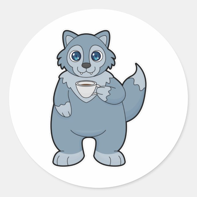 Wolf mit Kaffee-Cup Runder Aufkleber (Vorderseite)